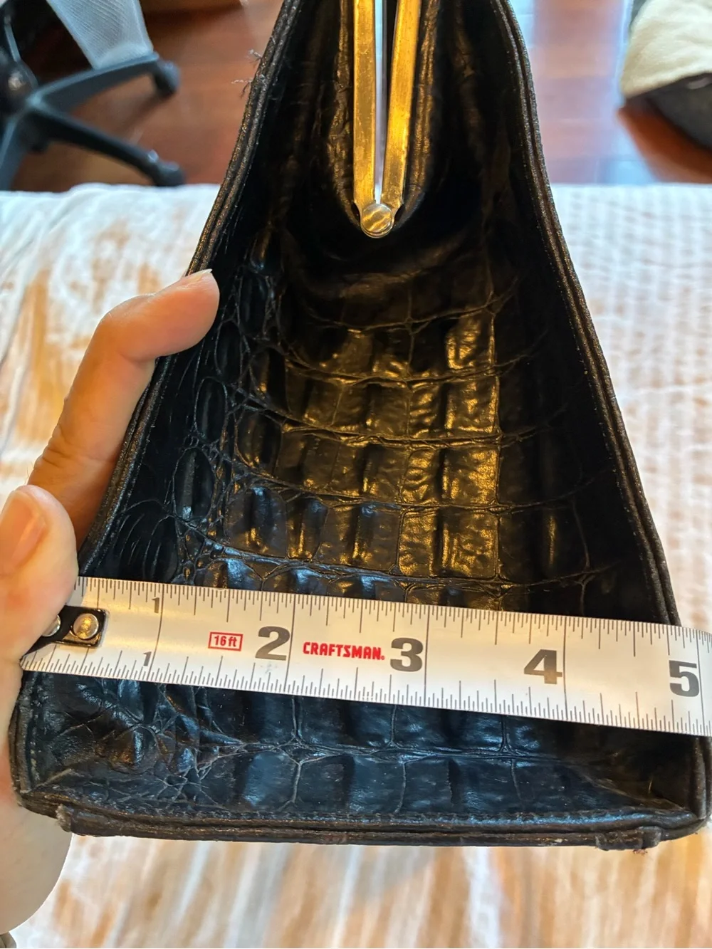 Ann Taylor Black Embossed leather Croc-Pattern Satchel